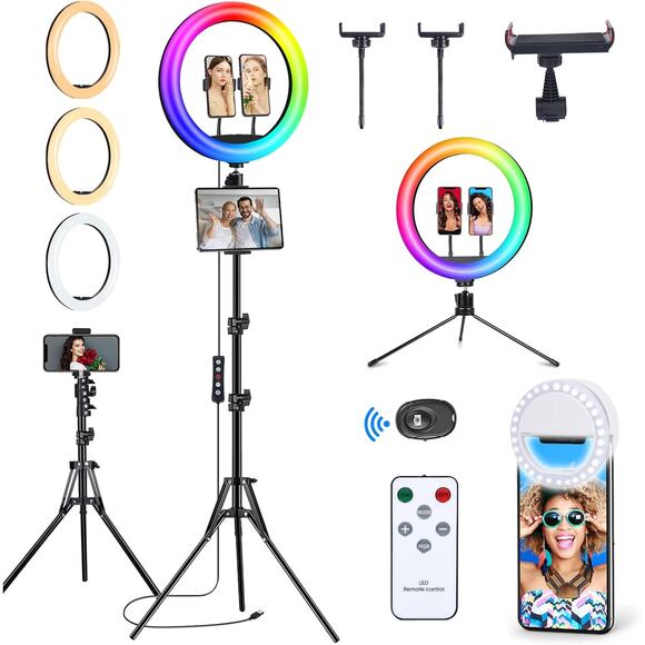 13" Selfie Ring Light with 63" Stand and 3 Phone Holder Vlogging Circle Photo - Picture 1 of 6